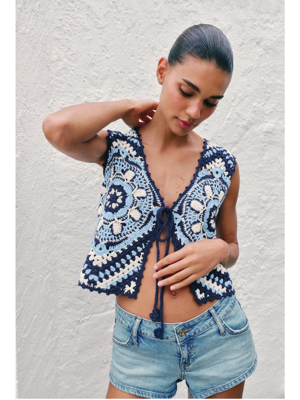 Zara Navy and Light Blue Crochet Tie-Front Vest